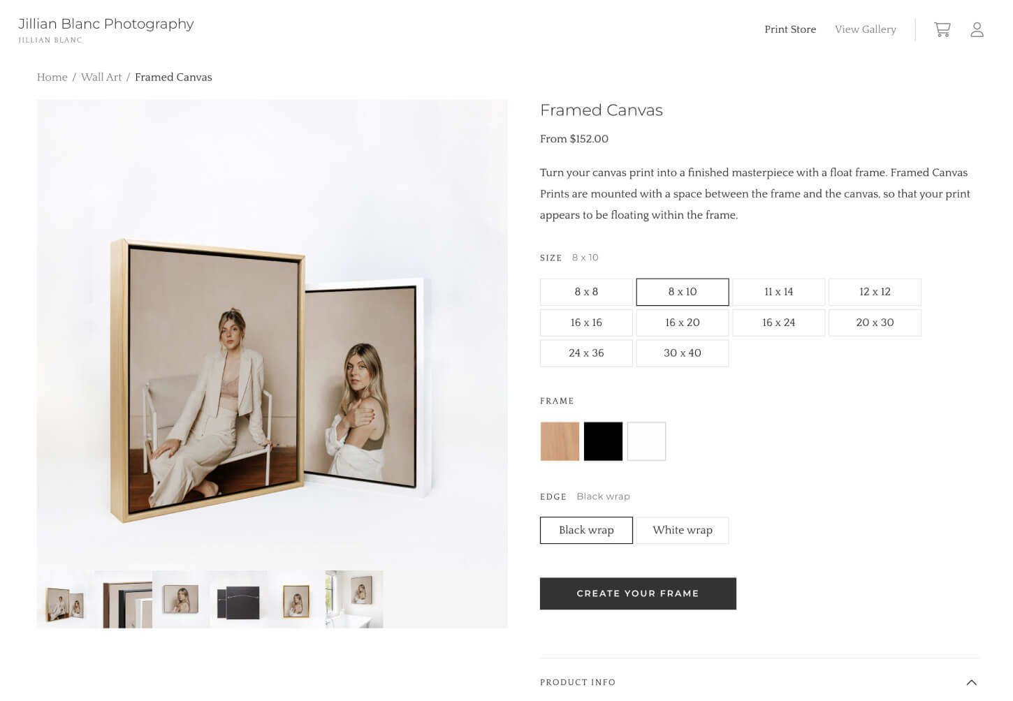 Product page showing framed canvas wall art options from Jillian Blanc Photography, with size, frame, and edge selections for custom prints.